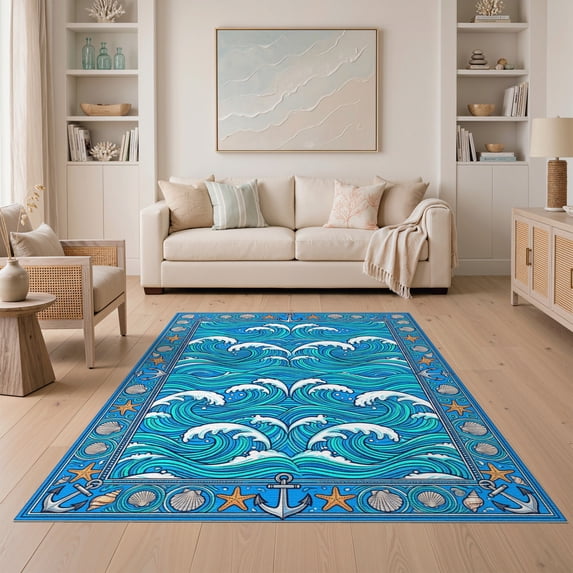 ODIKA 5'x7' Washable Area Rug Bathroom Aesthetic Repeating Wave Nautical Ocean Funky Theme for Small Living Room, Bedroom, Easy Care, Non-Shedding, Pet Friendly