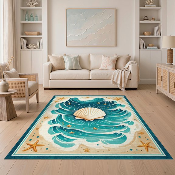 ODIKA 5'x7' Washable Area Rug Bathroom Ocean Wave Boho Nautical Seashell Funky Theme Waves for Dining Room, Under Table, Home Office, Non-Slip Chair-Friendly