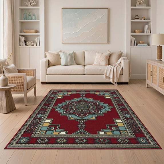 ODIKA 5'x7' Washable Area Rug Bathroom Ornamental Way Border Symmetrical Distressed Stairs for Guest Room, Lounge, Apartment, Non-Slip Low Profile, Stain Resistant