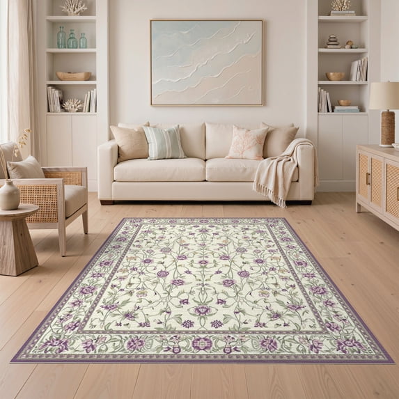 ODIKA 5'x7' Washable Area Rug Bathtub Sprigs Vintage Bird Border Backing Shower Purple for Small Living Room, Bedroom, Easy Care, Non-Shedding, Pet Friendly