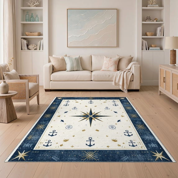 ODIKA 5'x7' Washable Area Rug Beachy Ocean Vintage Compass Nautical Motifs Border Themed Bathroom for Small Living Room, Bedroom, Easy Care, Non-Shedding, Pet Friendly