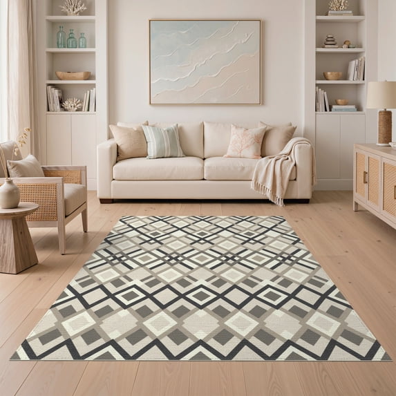 ODIKA 5'x7' Washable Area Rug Beige Ivory Tessellated Border Frame Crisp Composition Abstract for Guest Room, Lounge, Apartment, Non-Slip Low Profile, Stain Resistant