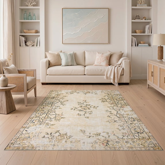 ODIKA 5'x7' Washable Area Rug Beige Traditional Floral Vintage Distressed Vine with Blossoms for Small Living Room, Bedroom, Easy Care, Non-Shedding, Pet Friendly