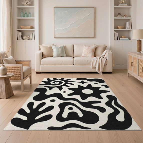 ODIKA 5'x7' Washable Area Rug Black White Abstract Swirls and Stars Design Contrast with Artistic Star Wave for Guest Room, Lounge, Apartment, Non-Slip Low Profile, Stain Resistant