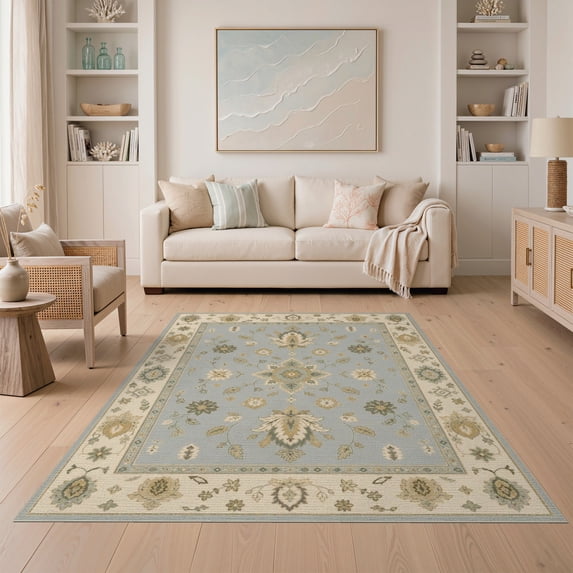 ODIKA 5'x7' Washable Area Rug Blue Floral Elegance Vintage-Inspired Design Intricate Garden Motifs with Classic Border for Guest Room, Lounge, Apartment, Non-Slip Low Profile, Stain Resistant