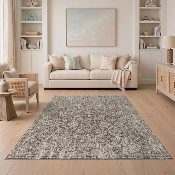 ODIKA 5'x7' Washable Area Rug Boho Extra Weathered Featuring Dense Interlocking Vine Large for Guest Room, Lounge, Apartment, Non-Slip Low Profile, Stain Resistant