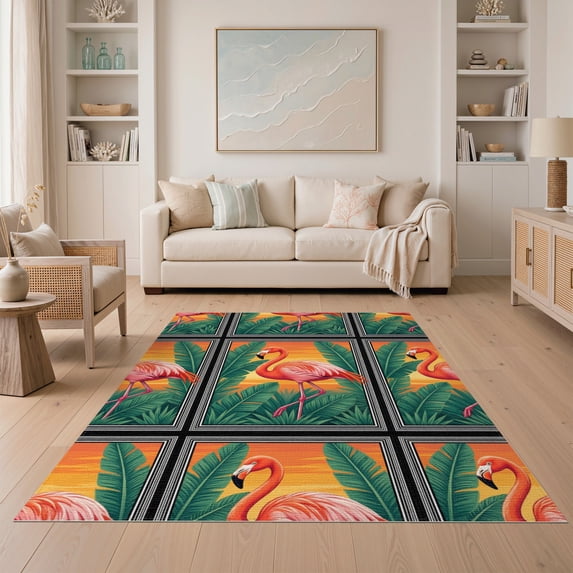 ODIKA 5'x7' Washable Area Rug Boho Foliage Frame Pcs Striped Border Motif Botanical Welcome Door Refined for Guest Room, Lounge, Apartment, Non-Slip Low Profile, Stain Resistant