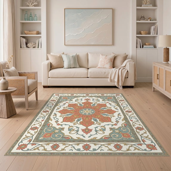 ODIKA 5'x7' Washable Area Rug Boho Large Scroll Defined Detail Cream Farmhouse Bohemian Medium for Guest Room, Lounge, Apartment, Non-Slip Low Profile, Stain Resistant