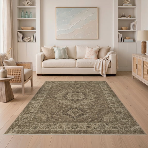 ODIKA 5'x7' Washable Area Rug Brown Olive Vintage Tone Retro Boho Medallion Design with Antique Floral Border for Guest Room, Lounge, Apartment, Non-Slip Low Profile, Stain Resistant