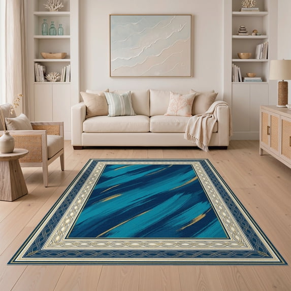 ODIKA 5'x7' Washable Area Rug That Brushstroke Geometric Border Couch Grey Large Beige Abstract Refined for Dining Room, Under Table, Home Office, Non-Slip Chair-Friendly