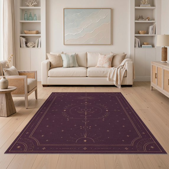 ODIKA 5'x7' Washable Area Rug Burgundy Celestial Floral Design Intricate Starry Motif with Elegant Borders for Guest Room, Lounge, Apartment, Non-Slip Low Profile, Stain Resistant