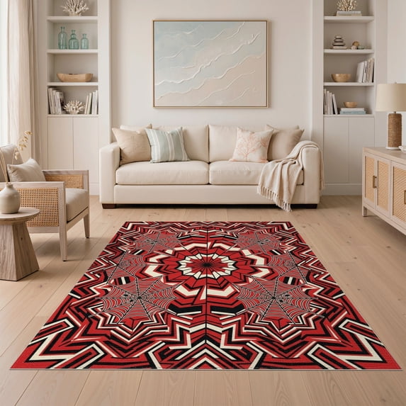 ODIKA 5'x7' Washable Area Rug Burst Men Radiating Lattice Border Webs Wevs Mens Graphic Web Playful Expressive for Dining Room, Under Table, Home Office, Non-Slip Chair-Friendly