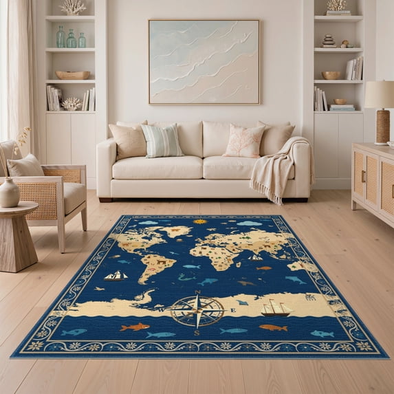 ODIKA 5'x7' Washable Area Rug Cartographic Adventure Map Featuring Sea Creatures And Compass Design for Guest Room, Lounge, Apartment, Non-Slip Low Profile, Stain Resistant