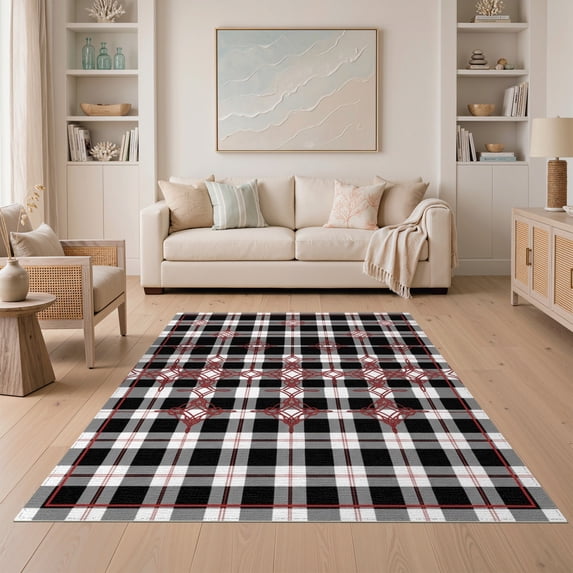 ODIKA 5'x7' Washable Area Rug Check With Hello Lettering Christmas Motif Buffalo Plaid Farmhouse Playful for Small Living Room, Bedroom, Easy Care, Non-Shedding, Pet Friendly