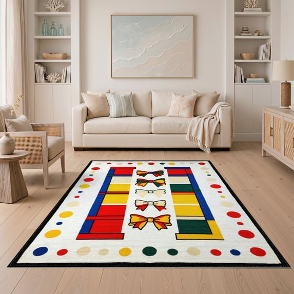 ODIKA 5'x7' Washable Area Rug Classroom Pencil Schoolgirl Abstract Block Sit School Frame Tossed for Small Living Room, Bedroom, Easy Care, Non-Shedding, Pet Friendly