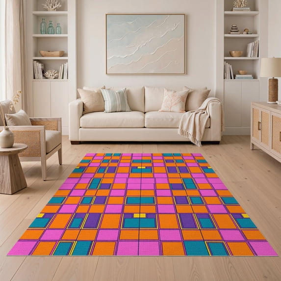 ODIKA 5'x7' Washable Area Rug Contemporary Pink Grid Layout Interrupted Geometric Motif for Guest Room, Lounge, Apartment, Non-Slip Low Profile, Stain Resistant