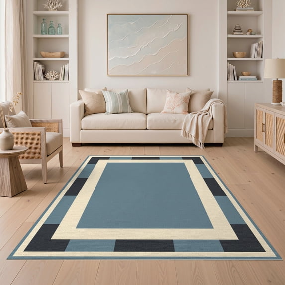 ODIKA 5'x7' Washable Area Rug Contemporary Solid Band Framework With Central Rectangle Accent for Small Living Room, Bedroom, Easy Care, Non-Shedding, Pet Friendly