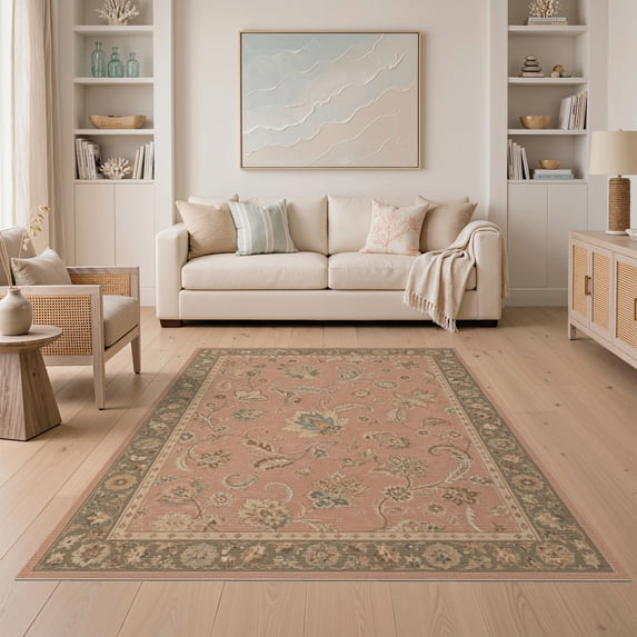 ODIKA 5'x7' Washable Area Rug Coral Elegance with Taupe Floral Accents Classic Garden Motif Detailed Border Design for Guest Room, Lounge, Apartment, Non-Slip Low Profile, Stain Resistant