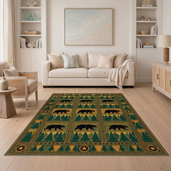ODIKA 5'x7' Washable Area Rug Cowboy Lone Mens Decorations Reindeer Southwestern Cabin Motif Refined for Small Living Room, Bedroom, Easy Care, Non-Shedding, Pet Friendly