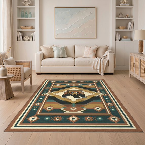 ODIKA 5'x7' Washable Area Rug Cowboy Southwestern Stripe Border Mens Decorations Reindeer Cabin Flowing for Small Living Room, Bedroom, Easy Care, Non-Shedding, Pet Friendly