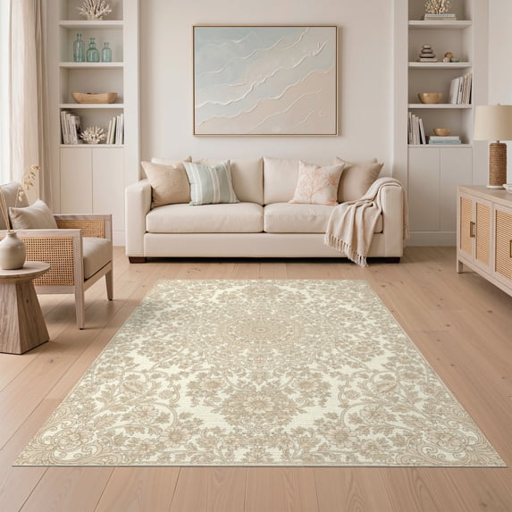 ODIKA 5'x7' Washable Area Rug Cream Vintage Boho Ornate Retro Vine Fall Scroll Bordered Neutral Flowing for Small Living Room, Bedroom, Easy Care, Non-Shedding, Pet Friendly