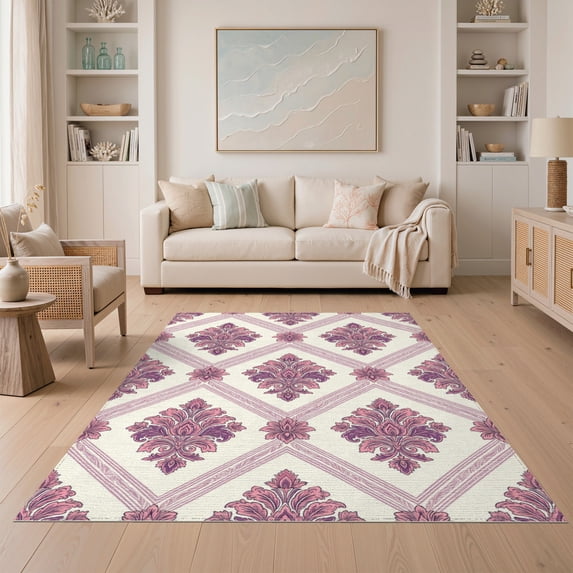 ODIKA 5'x7' Washable Area Rug Damask Botanical Distressed Scroll Border Boho Ditsy Pink Vintage Refined for Dining Room, Under Table, Home Office, Non-Slip Chair-Friendly