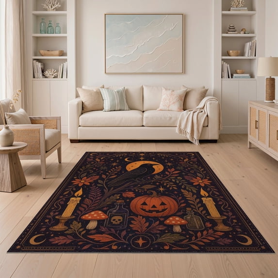 ODIKA 5'x7' Washable Area Rug Dark Orange Black Crow and Pumpkin Design Mystical Night Scene with Stars Candles for Dining Room, Under Table, Home Office, Non-Slip Chair-Friendly