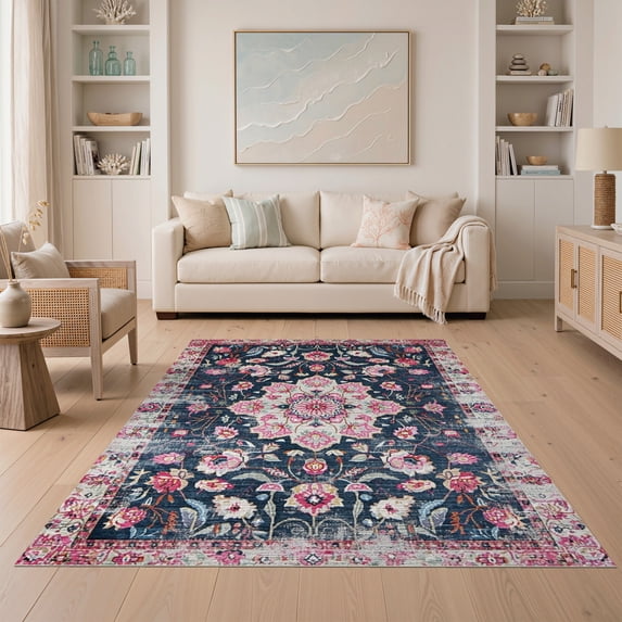 ODIKA 5'x7' Washable Area Rug Distressed Border Floral Toss Farmhouse Sprig Scatter Design for Dining Room, Under Table, Home Office, Non-Slip Chair-Friendly