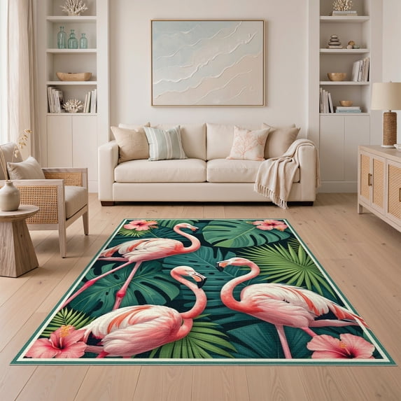 ODIKA 5'x7' Washable Area Rug Door Hawaiian Pcs Motif Plaid Frame Welcome Border Boho Layering for Small Living Room, Bedroom, Easy Care, Non-Shedding, Pet Friendly
