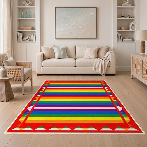 ODIKA 5'x7' Washable Area Rug Door Rows Lgbt Welcome Striped Bold Motif Interlocking Doormat Stripe Refined for Guest Room, Lounge, Apartment, Non-Slip Low Profile, Stain Resistant