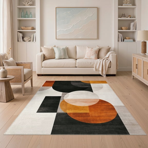 ODIKA 5'x7' Washable Area Rug Easy Care, Non-Shedding, Pet Friendly, Abstract Brushstroke Asymmetric Block Interlocking Mid Century for Small Living Room, Bedroom