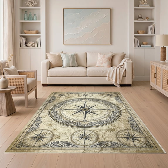 ODIKA 5'x7' Washable Area Rug Easy Care, Non-Shedding, Pet Friendly, Antique Navigation Compass Rose Directional Chart Distressed for Small Living Room, Bedroom