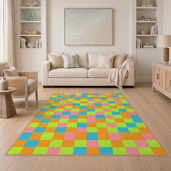 ODIKA 5'x7' Washable Area Rug Easy Care, Non-Shedding, Pet Friendly, Bedside Block Retro Border Storybook Checkerboard Motif Geometric for Small Living Room, Bedroom