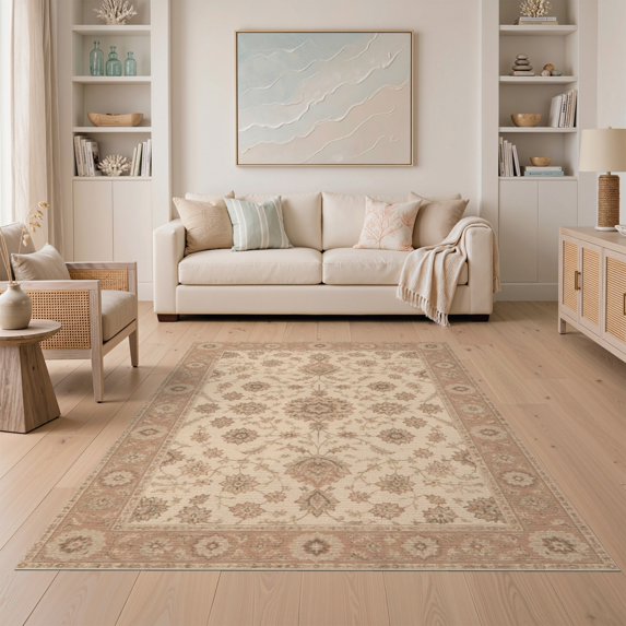 ODIKA 5'x7' Washable Area Rug Easy Care, Non-Shedding, Pet Friendly, Beige and Rose Floral Elegance Intricate Botanical Motif with Ornate Border for Small Living Room, Bedroom