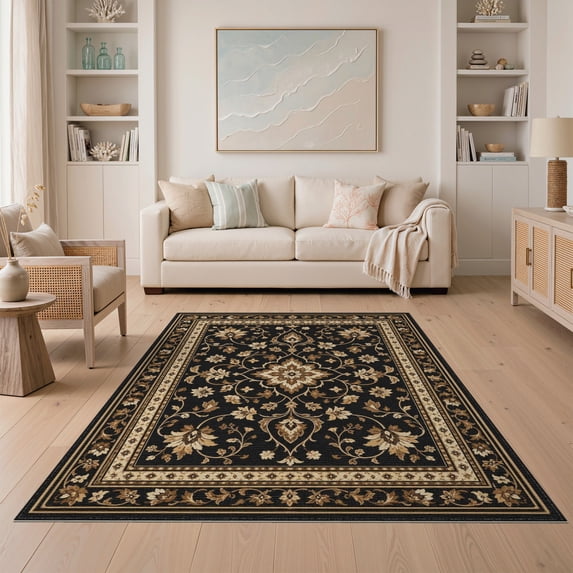 ODIKA 5'x7' Washable Area Rug Easy Care, Non-Shedding, Pet Friendly, Black Gold Floral Elegance Intricate Borders Classic Motifs and Symmetrical for Small Living Room, Bedroom