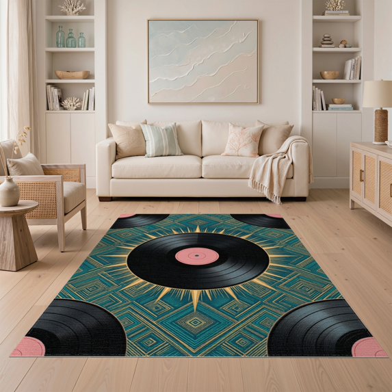ODIKA 5'x7' Washable Area Rug Easy Care, Non-Shedding, Pet Friendly, Cd Vinyl Record Disc Geometric Border Round Retro Music Refined for Small Living Room, Bedroom