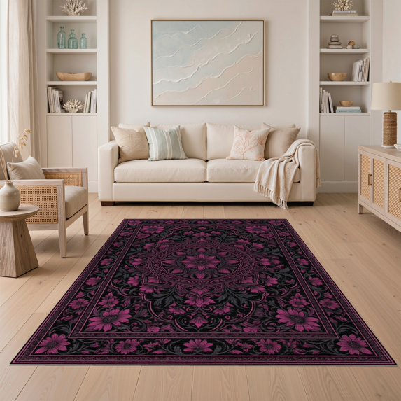 ODIKA 5'x7' Washable Area Rug Easy Care, Non-Shedding, Pet Friendly, Charcoal Black Witchy Victorian Plum Gothic Maximalist Florals with Boho Medallion for Small Living Room, Bedroom