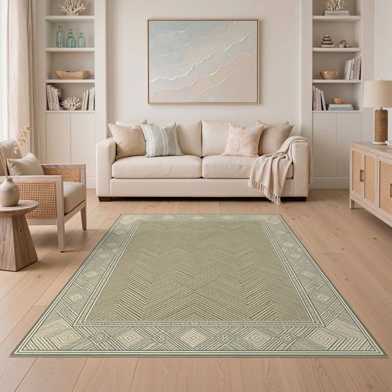 ODIKA 5'x7' Washable Area Rug Easy Care, Non-Shedding, Pet Friendly, Geometric With Modern Diamond Lattice Border Herringbone Boho Refined Structured for Small Living Room, Bedroom