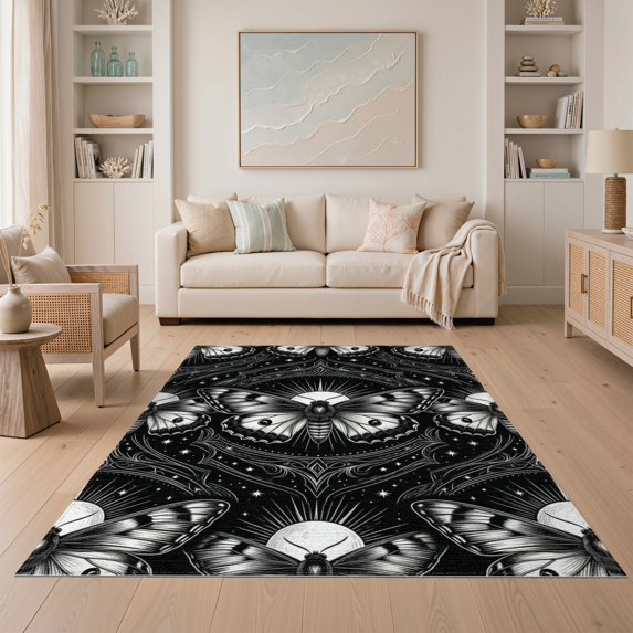 ODIKA 5'x7' Washable Area Rug Easy Care, Non-Shedding, Pet Friendly, Gothic Witchy Vintage Mystical Mirrored Academia Galaxy Death Moth Refined for Small Living Room, Bedroom