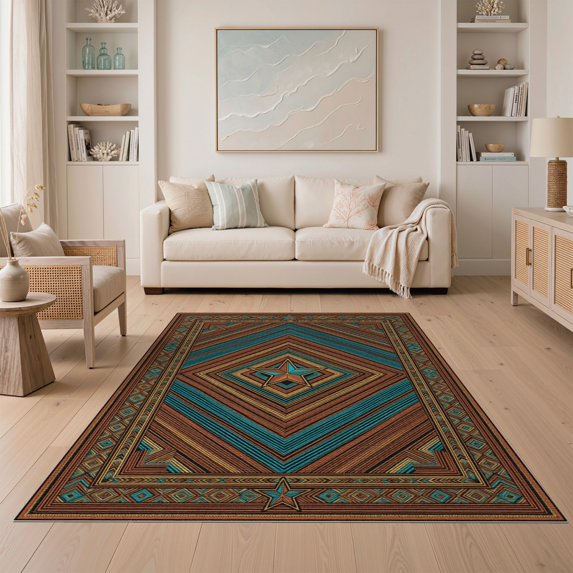 ODIKA 5'x7' Washable Area Rug Easy Care, Non-Shedding, Pet Friendly, Hooks Terracotta Cowboy Ochre Southwestern Aztec Motif Band Round for Small Living Room, Bedroom