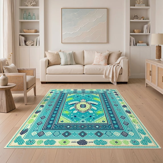 ODIKA 5'x7' Washable Area Rug Easy Care, Non-Shedding, Pet Friendly, Nautical Turtle Boho Ocean Mosaic Border Stained Entryway Teal for Small Living Room, Bedroom