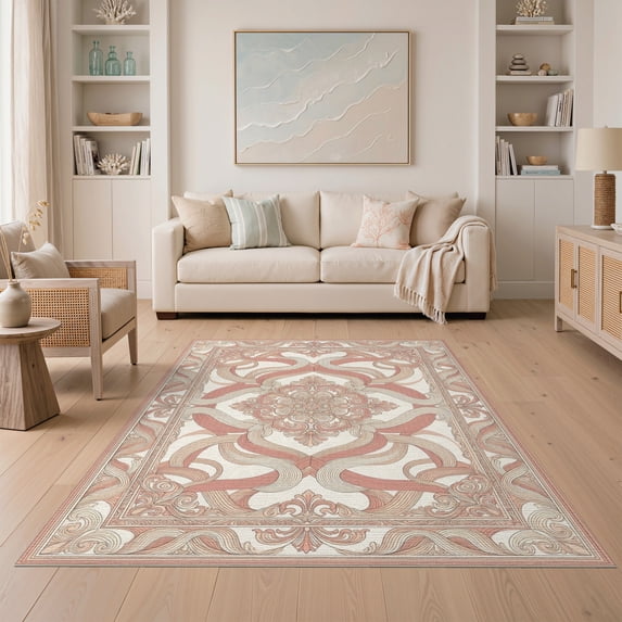 ODIKA 5'x7' Washable Area Rug Easy Care, Non-Shedding, Pet Friendly, Neutral Pink Symmetrical Balanced Layout Crisp Printed Beige for Small Living Room, Bedroom