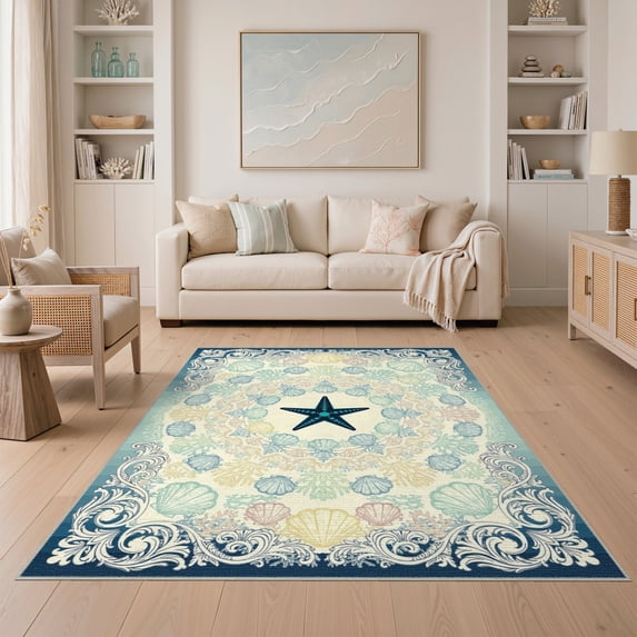 ODIKA 5'x7' Washable Area Rug Easy Care, Non-Shedding, Pet Friendly, Ocean Seashell Coral Reef Bathroom Nautical Wave Border Starfish Flowing Dynamic for Small Living Room, Bedroom
