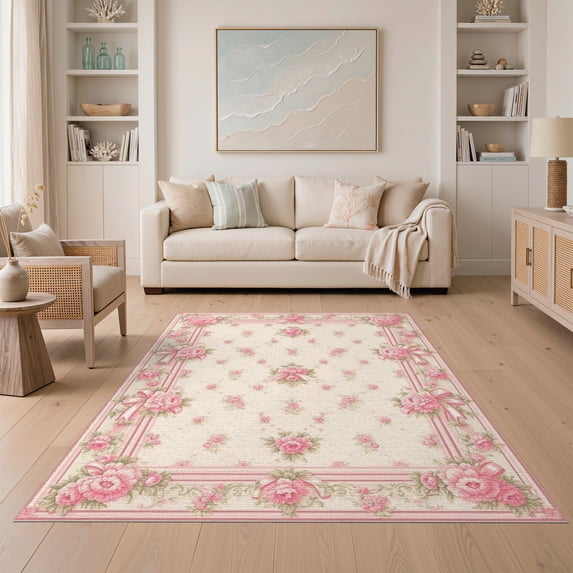 ODIKA 5'x7' Washable Area Rug Easy Care, Non-Shedding, Pet Friendly, Pink Coquette Ribbon Motif Vintage Cluster Round Shaped for Small Living Room, Bedroom