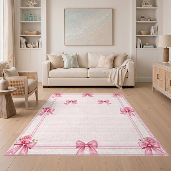 ODIKA 5'x7' Washable Area Rug Easy Care, Non-Shedding, Pet Friendly, Pink Coquette Ribbon Symmetrical Bordered Lattice Layout for Small Living Room, Bedroom