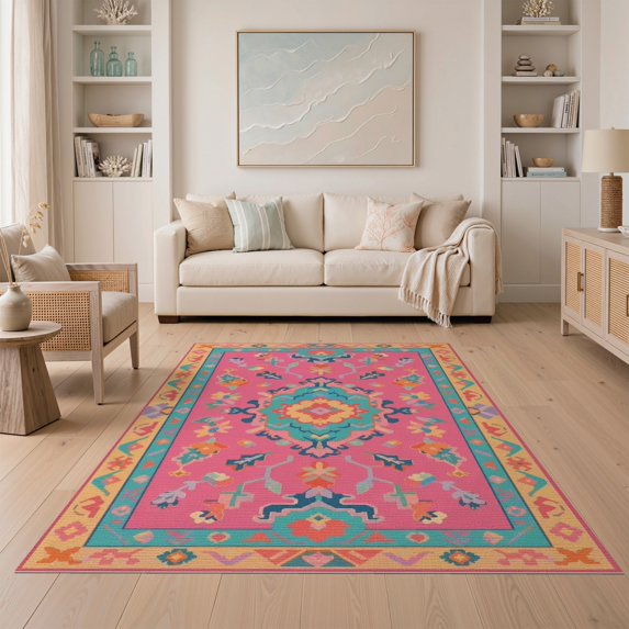 ODIKA 5'x7' Washable Area Rug Easy Care, Non-Shedding, Pet Friendly, Pink Vibrant Symmetrical Geometric Design Elegant Rectangular with Floral Accents for Small Living Room, Bedroom