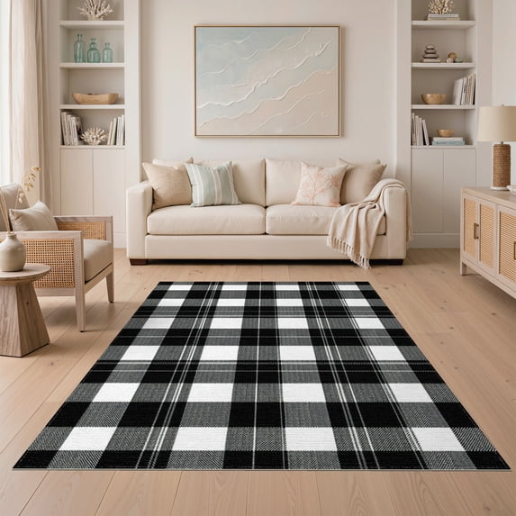 ODIKA 5'x7' Washable Area Rug Easy Care, Non-Shedding, Pet Friendly, Plaid Under Interlocking Balanced Lines Printed Artwork Doormat for Small Living Room, Bedroom