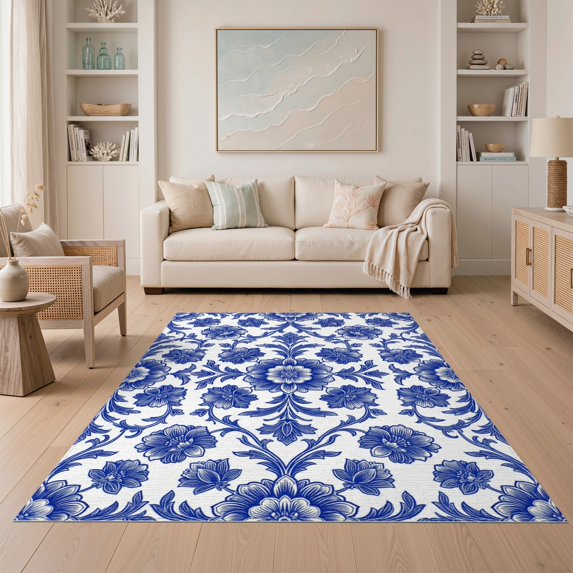 ODIKA 5'x7' Washable Area Rug Easy Care, Non-Shedding, Pet Friendly, Porcelain With Scrolling Botanical Border Chinoiserie Floral Refined Structured for Small Living Room, Bedroom