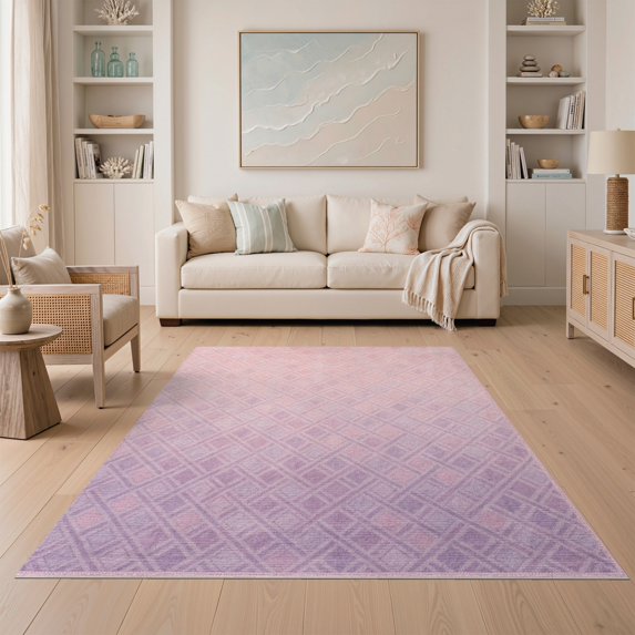 ODIKA 5'x7' Washable Area Rug Easy Care, Non-Shedding, Pet Friendly, Purple Pink Tie Dye Blend Interlocking Geometric Furry for Small Living Room, Bedroom