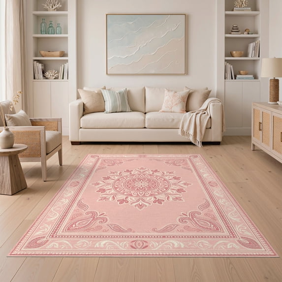 ODIKA 5'x7' Washable Area Rug Easy Care, Non-Shedding, Pet Friendly, Scroll Bordered Trellis Solid Shaggy Look Minimalist Pink Boho Refined for Small Living Room, Bedroom
